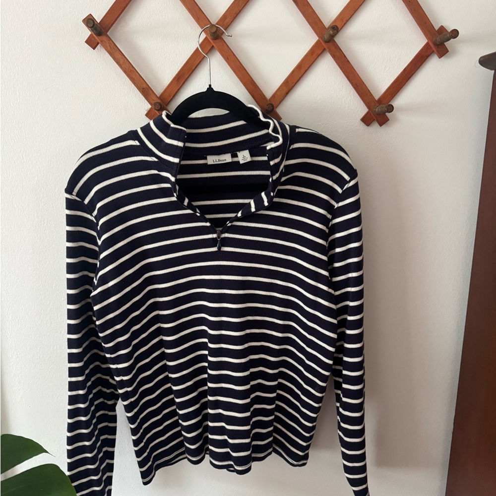L.L. Bean Navy and White Striped Quarter-Zip Top